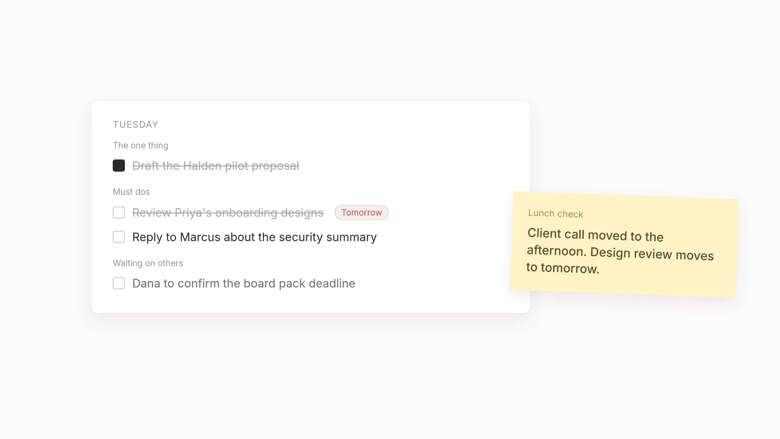 Sam's plan after the lunch check, with the design review moved to tomorrow