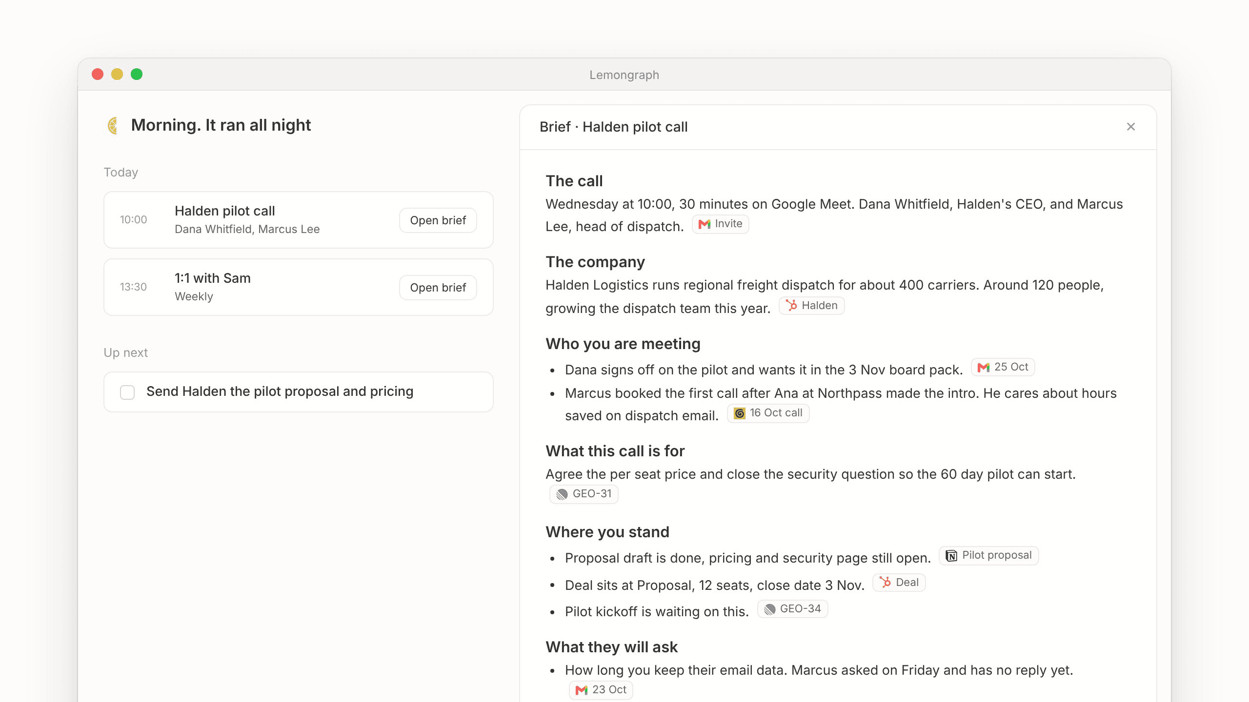 A meeting brief in Lemongraph