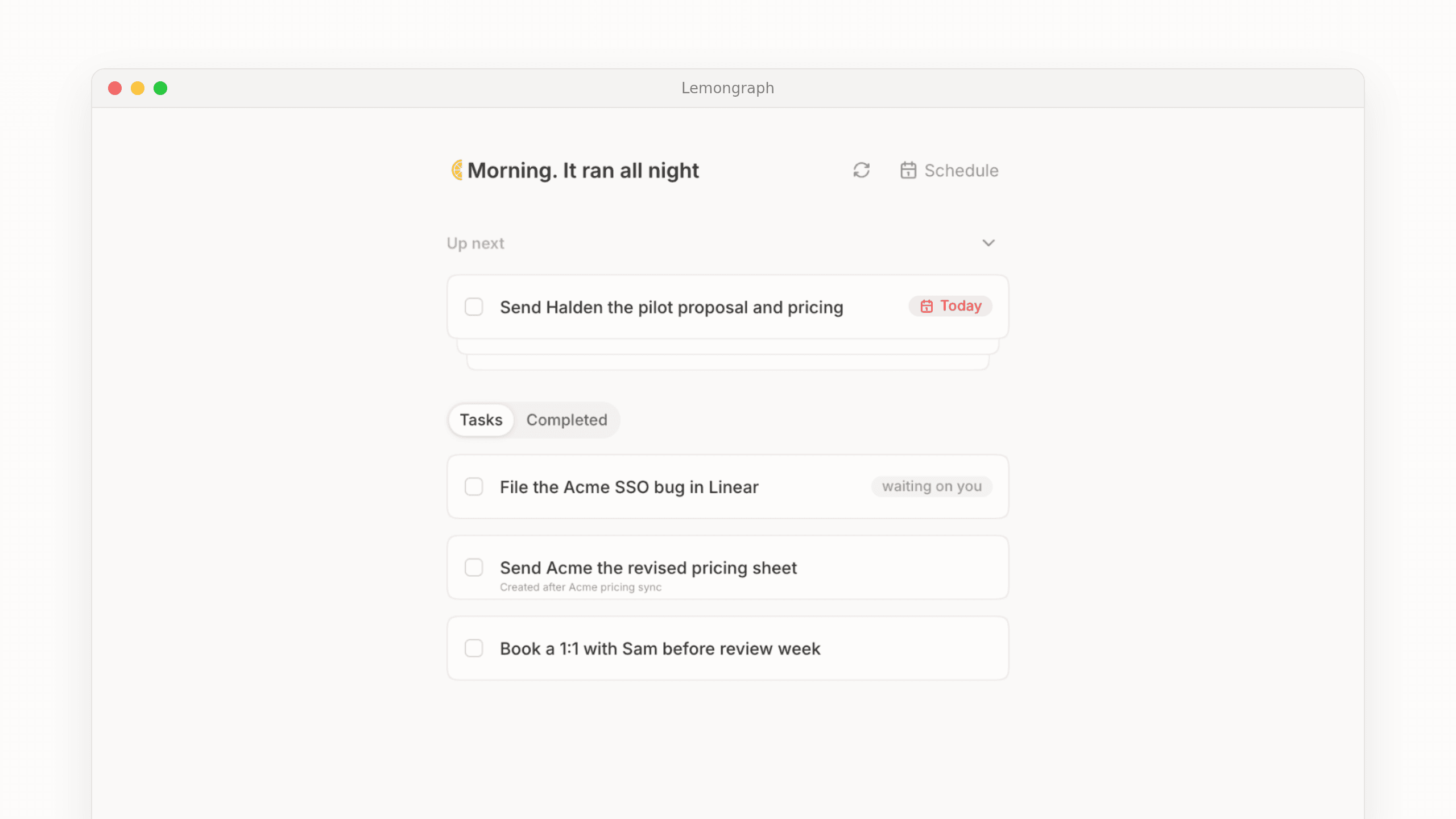 Up next and tasks in Lemongraph