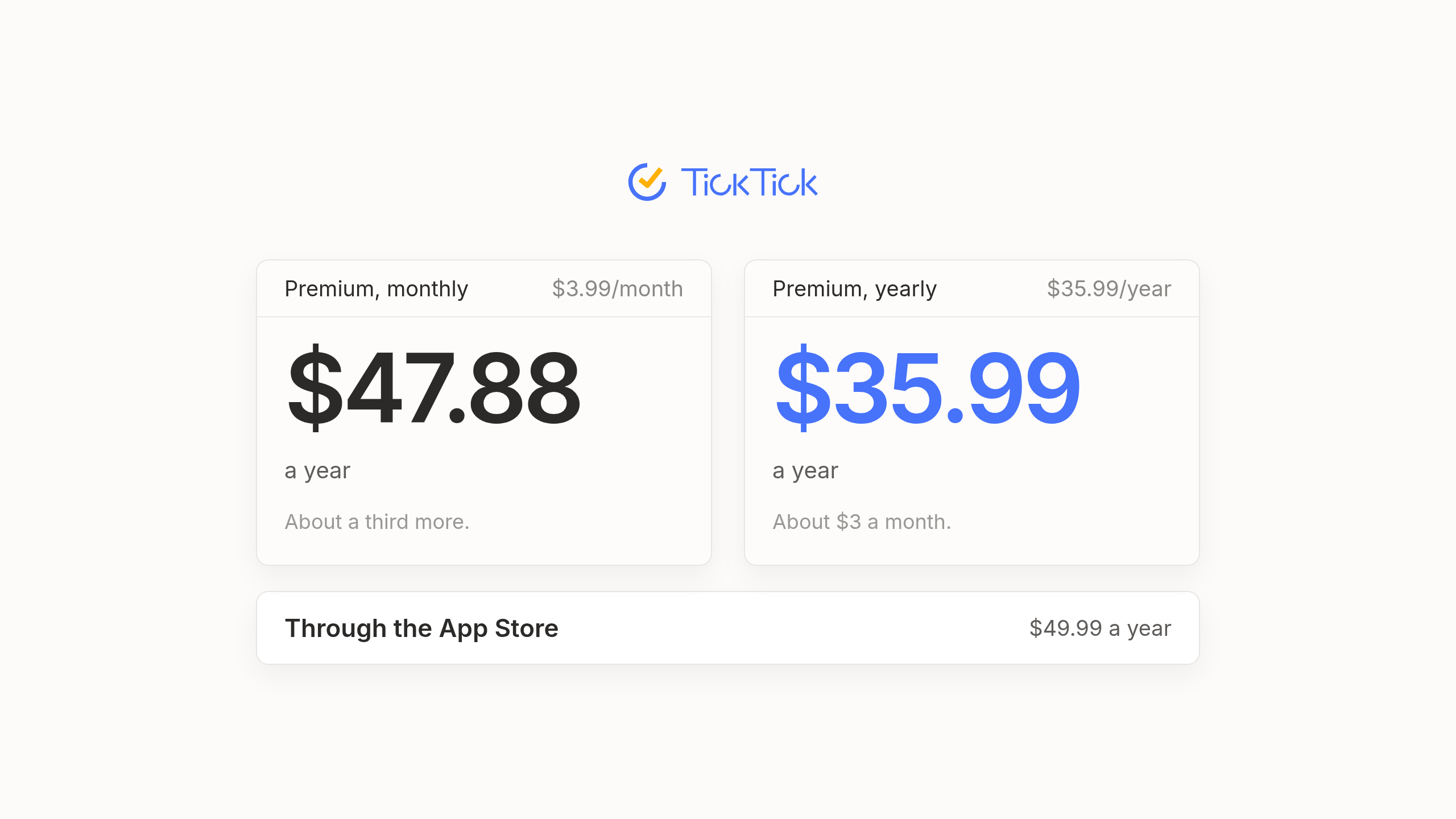 TickTick Premium monthly and yearly billing