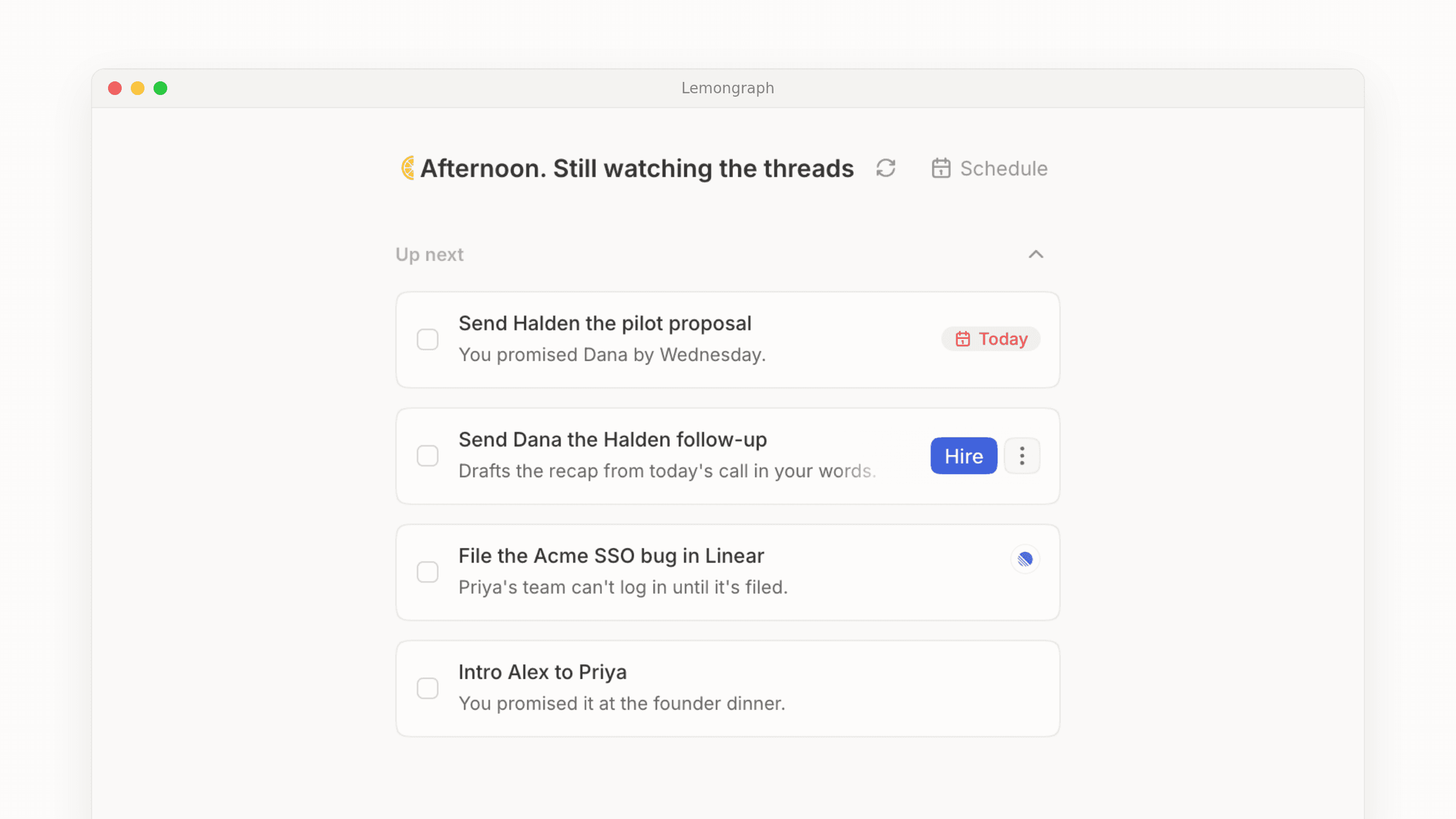 A follow-up in Lemongraph's Up next with a Hire button