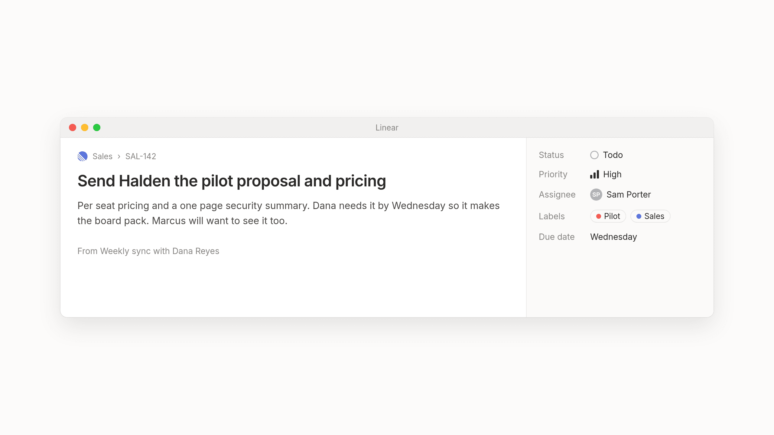 The finished action item in Linear with owner, priority, labels and context